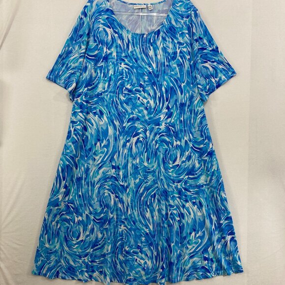 Susan Graver size 3X Tall Blue White Abstract Pocket Stretch Liquid Knit Dress - Picture 1 of 11